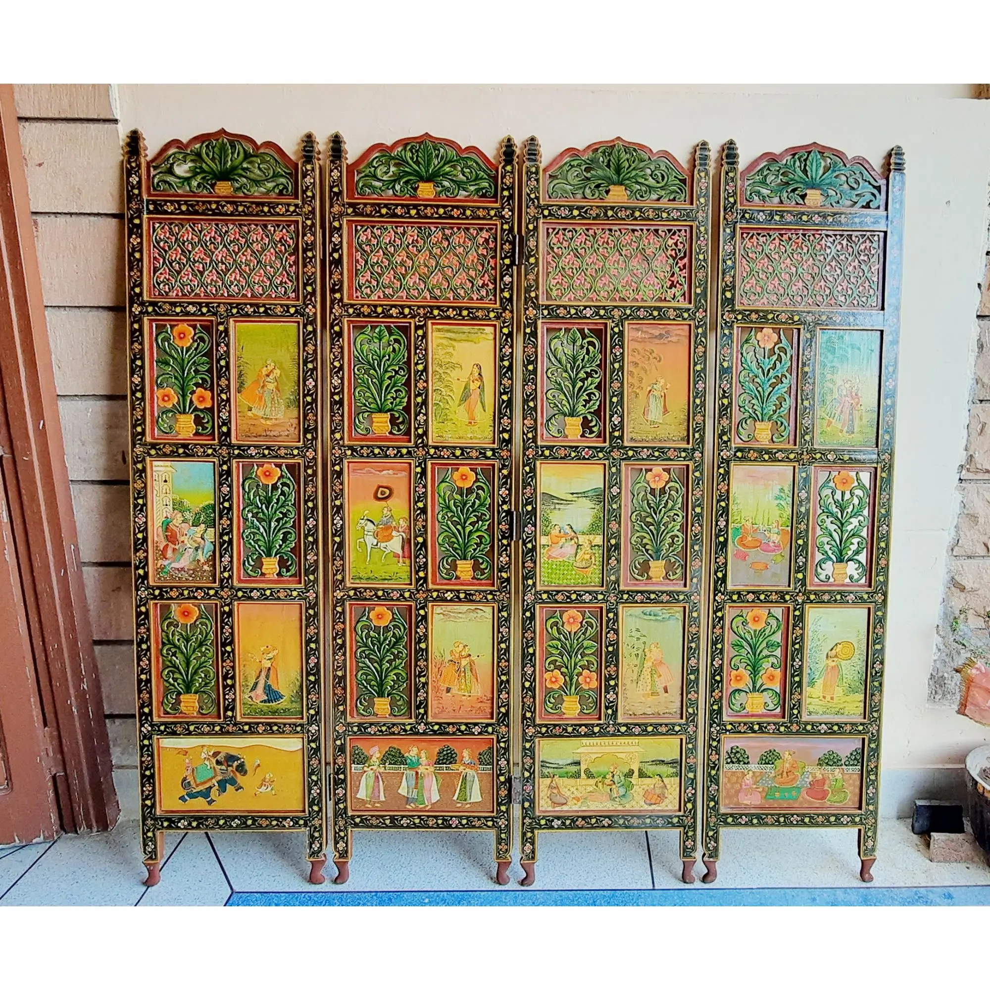Indian Hand Painted Screen partition wall for room decoration Hand Carved With 24K Pure Gold 4 Panels Folding Room Divider