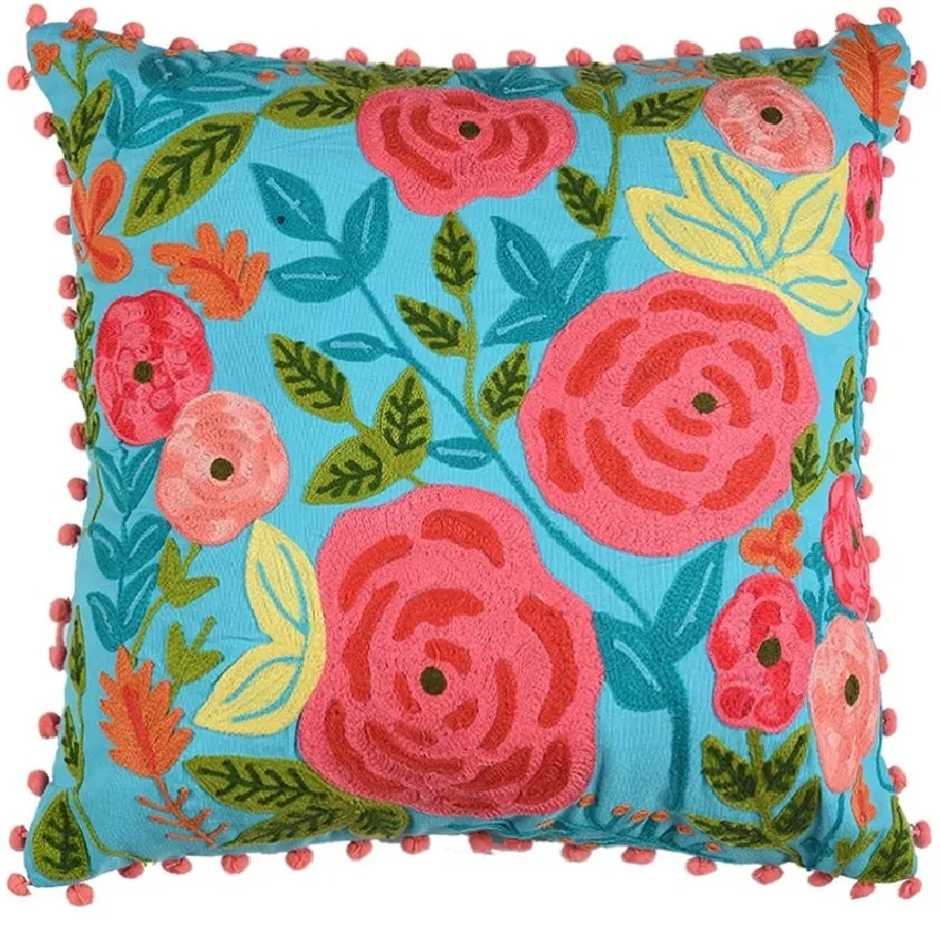 Indian Luxury Home Hand Embroidered Floral Pillow Cushion Cover Sky Blue Cotton Silk Living Room Hotel-Wholesale Home Decor Red