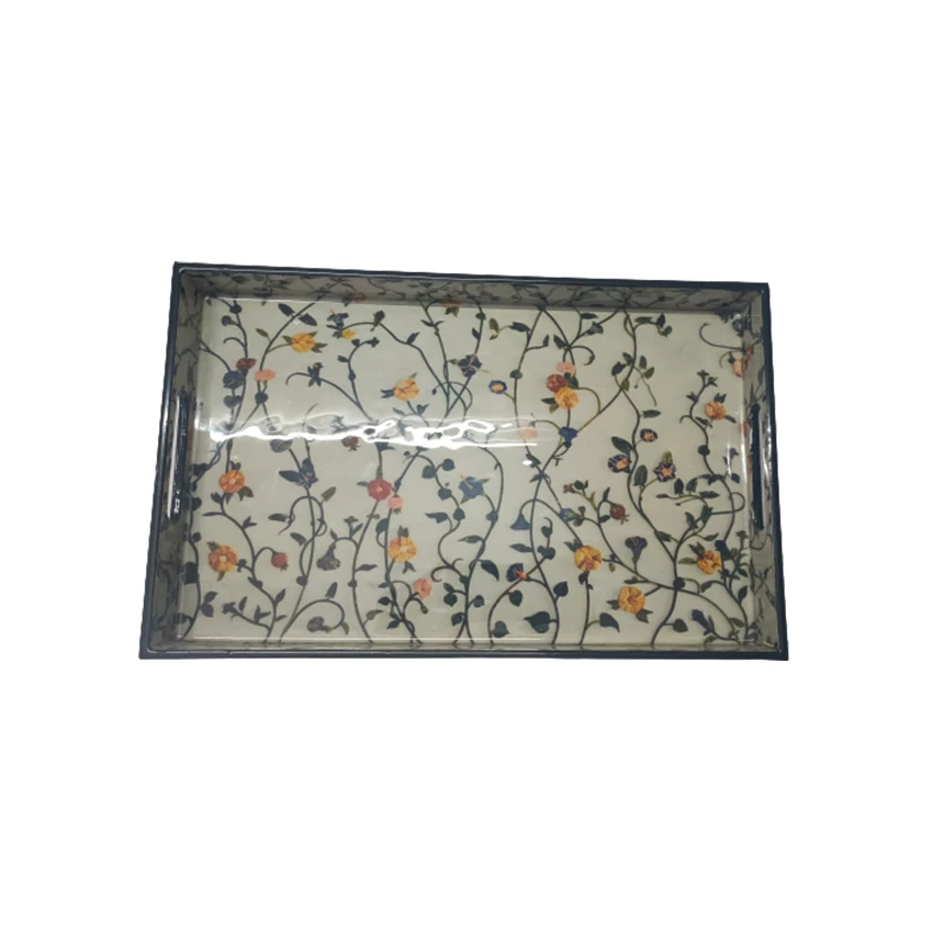 Hot-Selling Set of 3 Unique Mango Wood Rectangular Decorative Hand-made Enameled White Printed Tabletop Serving Storage Trays