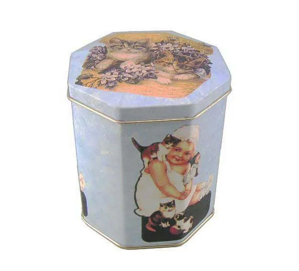 
hexagon metal tin can/ box,food grade for tea/coffee/coffin/chocolate/cake/candy/toys/stationery 