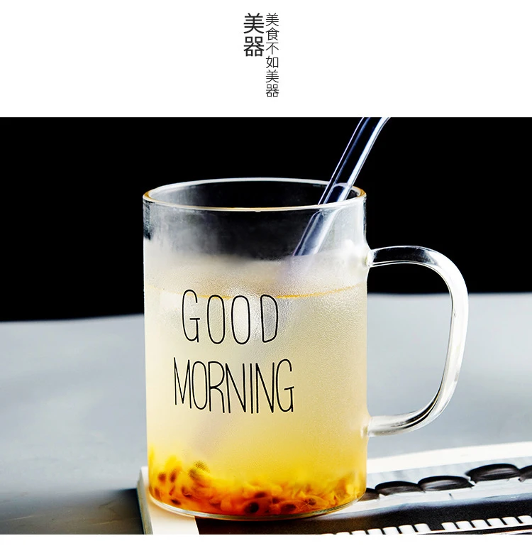 custom logo clear morning  glass milk coffee water cup with handle