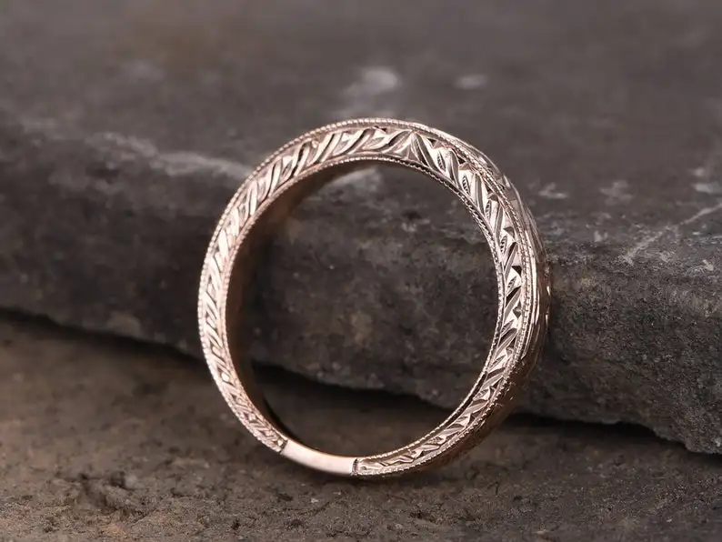 Vintage Filigree Wedding Band Stacking Ring Milgrain Floral Design Rose Gold Plated Sterling Silver Anniversary