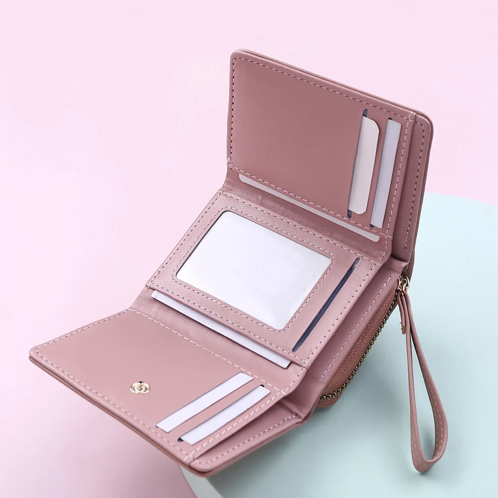 Custom PU leather short mini wallet zipper coin purse female triple fold buckle women wallet