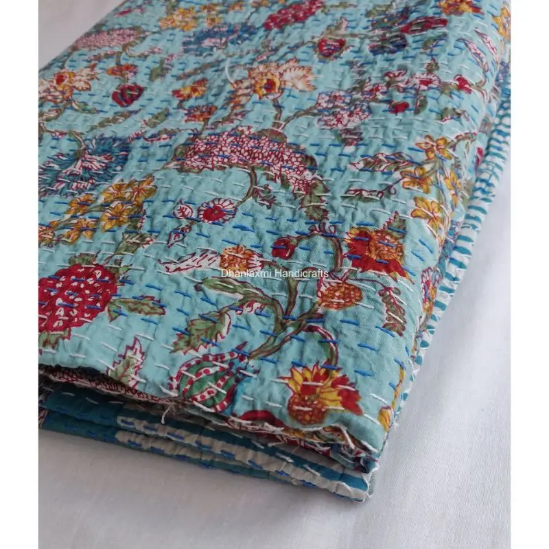 New Indian Sky Blue Floral Hand Block Print Cotton Kantha Quilt Indian Handmade Beautiful Floral Wholesale Kantha Bedspread