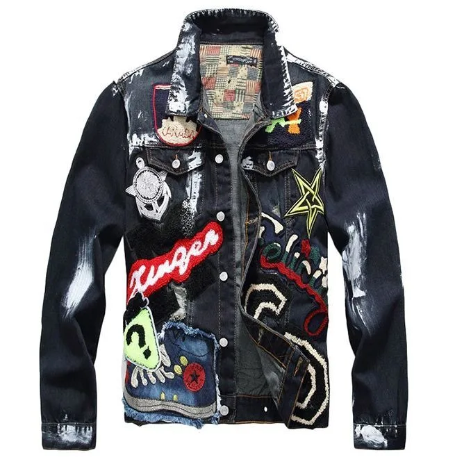 
Blue Black Painted Patchwork Single Breasted Cotton Denim Jacket 
