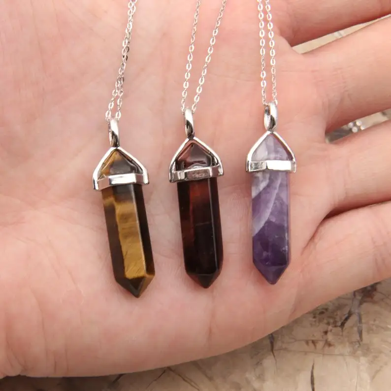 BEAUTIFUL ALL GEMSTONE PENCIL PENDANTS / NATURAL HEALING CRYSTAL DOUBLE TERMINATED POINT PENDANT / GOLDEN- SILVER CHAIN PENDANTS