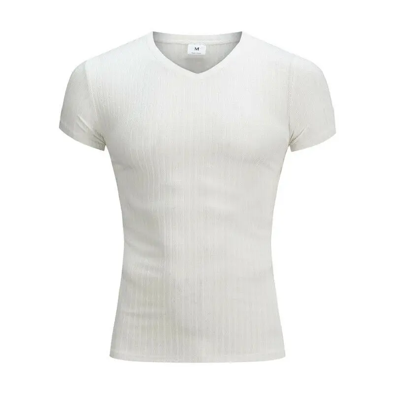 New Fashion Men V Neck Short Sleeve Tops T-shirt Slim Fit Stretch Sport Gym Muscle Tee Tunic Wholesale Off-White T-shirt