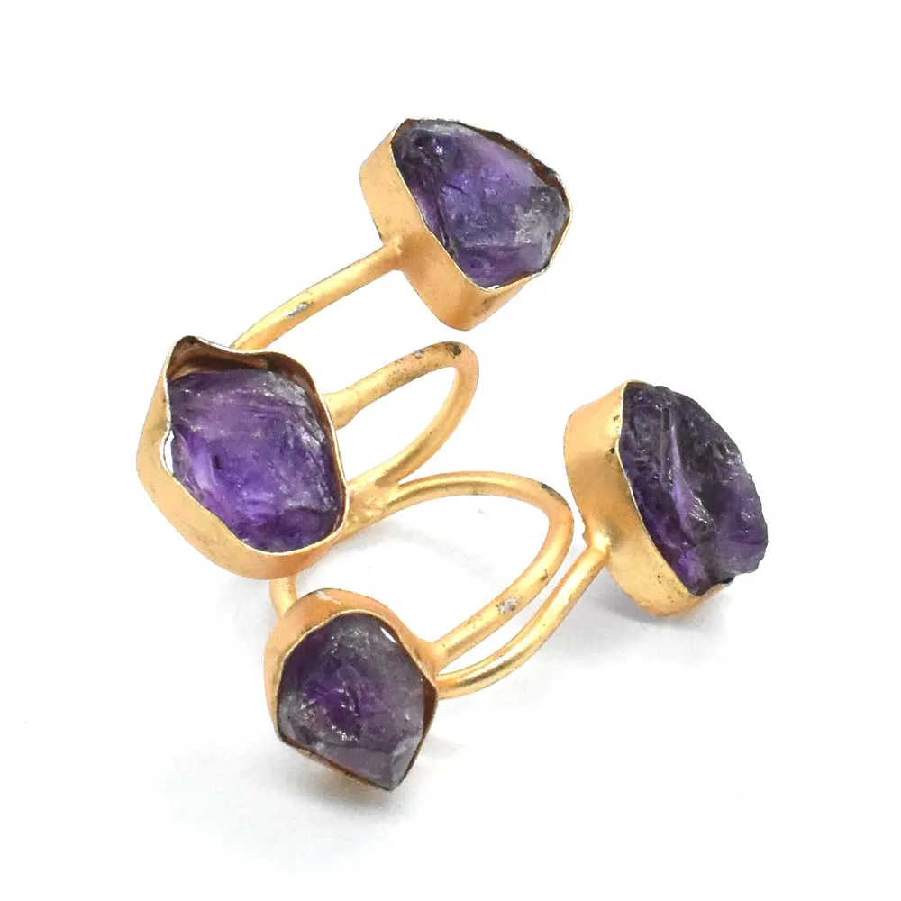 
amazing natural amethyst rough gemstone handmade gold plated jewelry engagement ring 