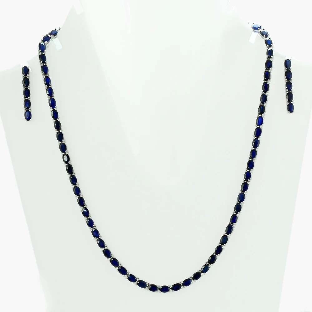 New Exclusive Sapphire 6x4 MM Natural Gemstone 925 Solid Silver For Women Handmade Necklace Earring Set By Jaipur Wholesaler