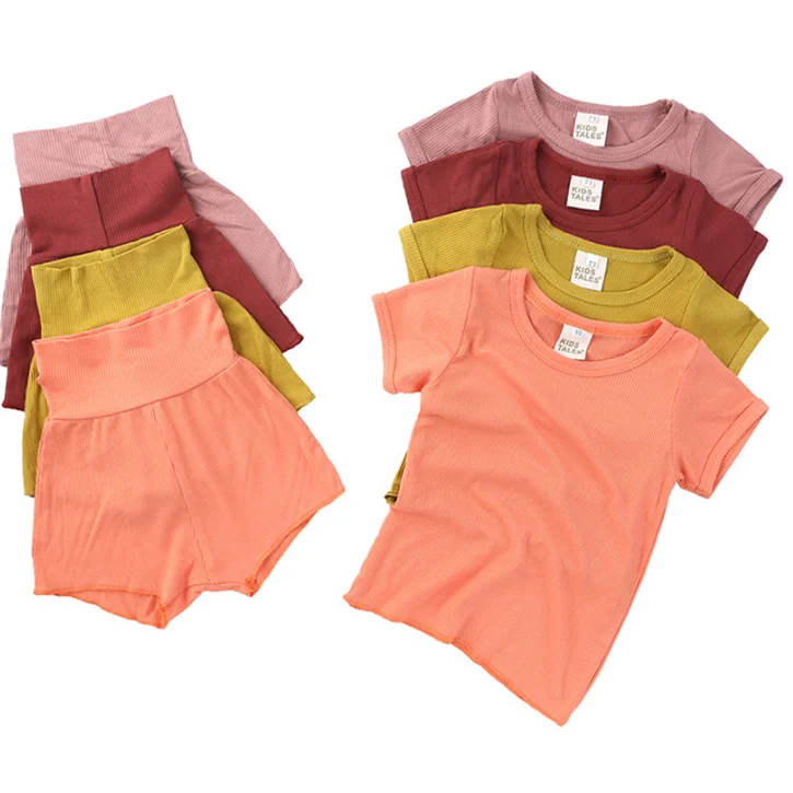 
2021 summer Kids Tales new baby clothing set soft rib cotton solid color unisex toddler underwear baby short sleeve pajamas sets 