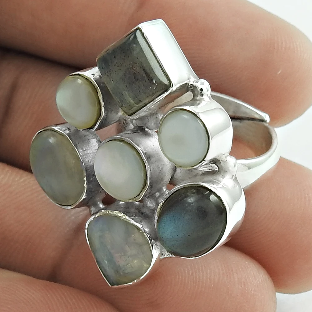 Natural Mother Of Pearl Labradorite Rainbow Moonstone Multi Gemstones Ring 925 Sterling Silver Jewelry Wholesaler Manufacturer