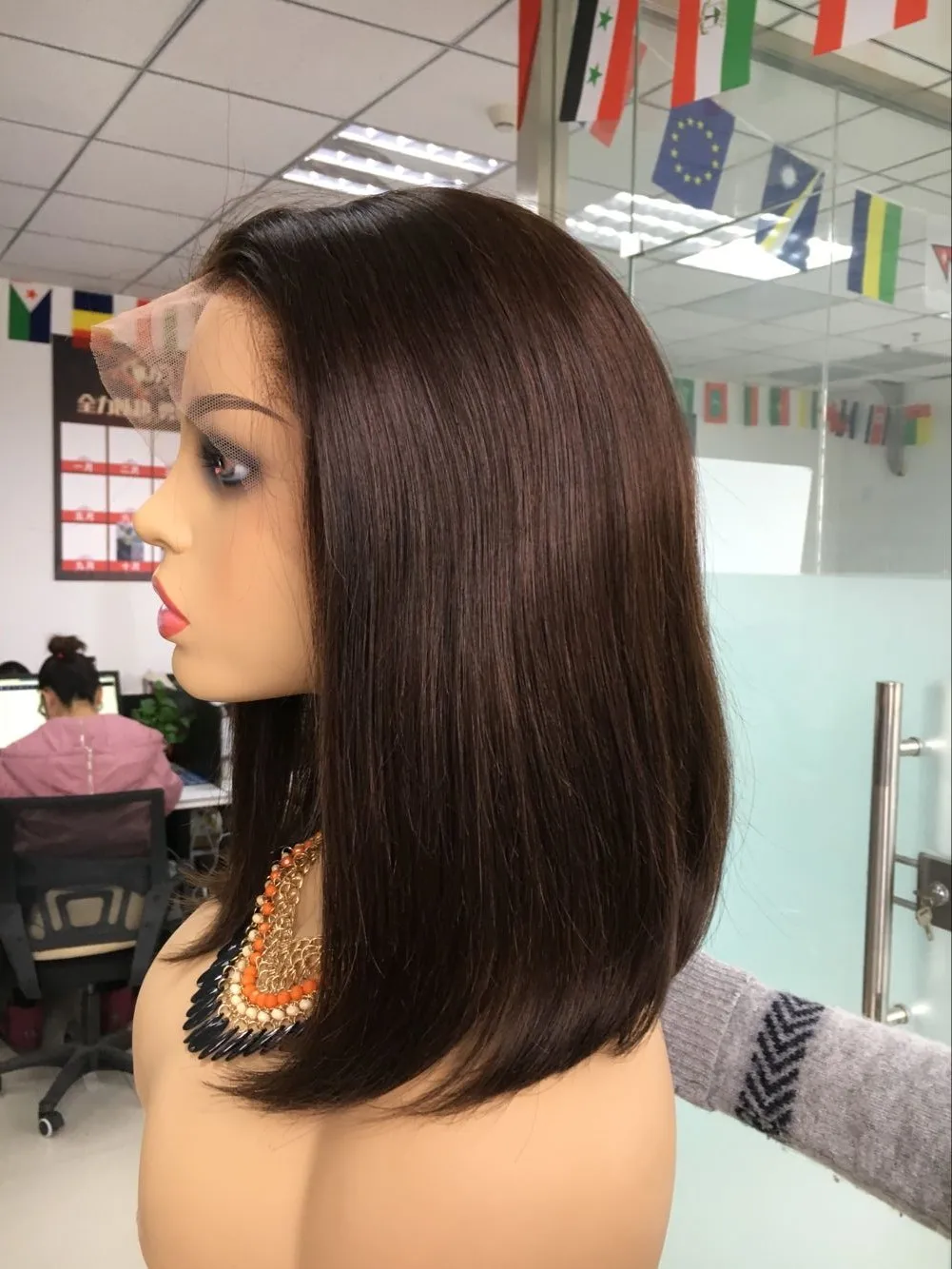 
100% virgin human hair remy pre-plucked brown color lace frontal bob wig 