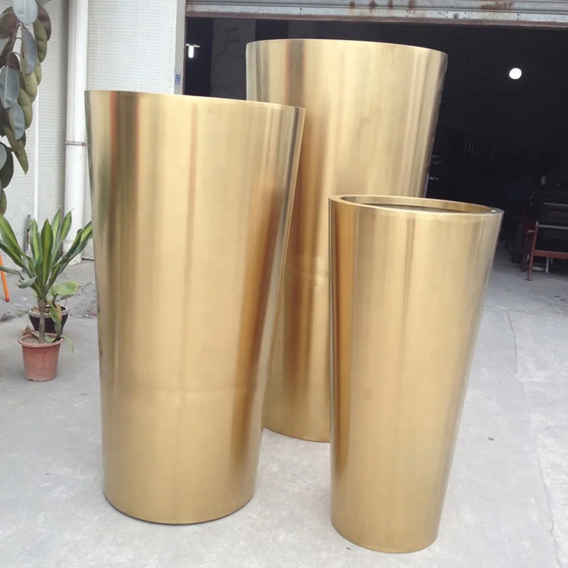 Brass Plated Stainless Steel Metal Conical Outdoor Catering Home Decorative Flower Pots Planters