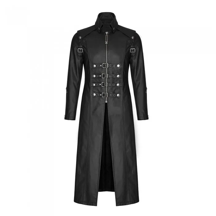 Men Long Black Gothic Imitation Leather Coat
