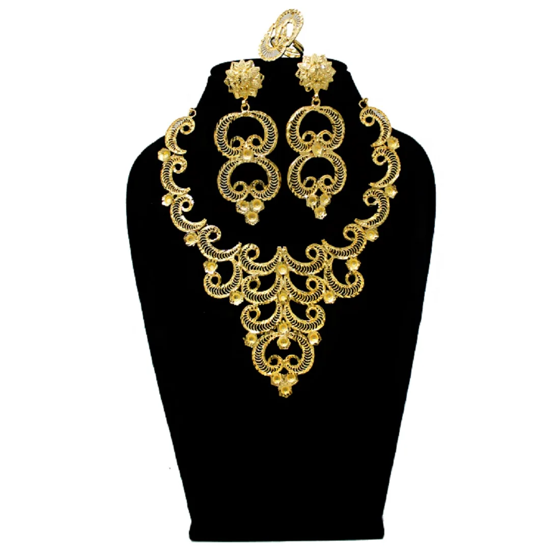 1 Gram Gold Forming Work Golden Necklace and earring  Set