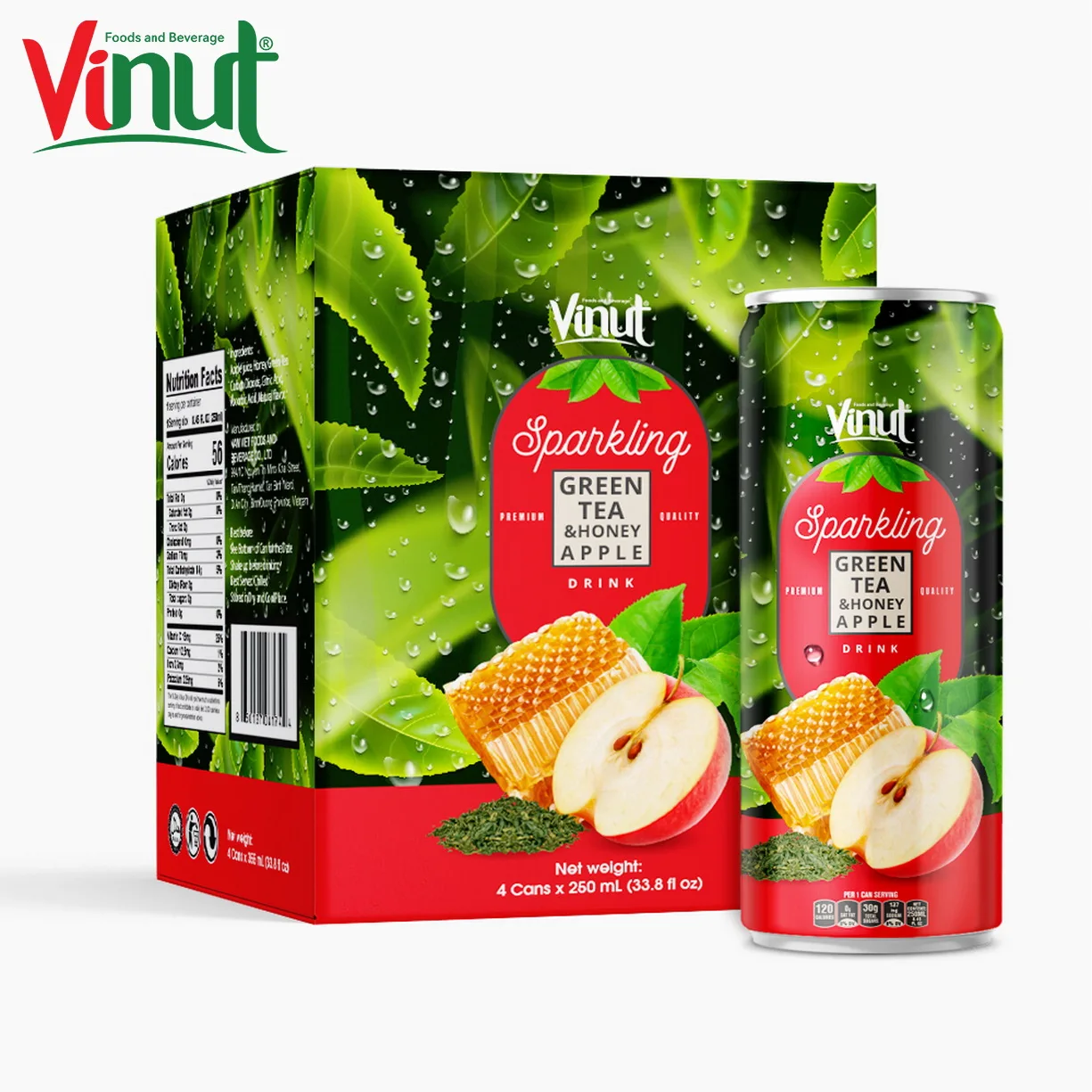 8,5 жидких унций, 4 банки с блестящей водой, зеленый чай и мед, яблоко, оптовые поставщики, популярный производитель, индивидуальная торговая марка, напитки