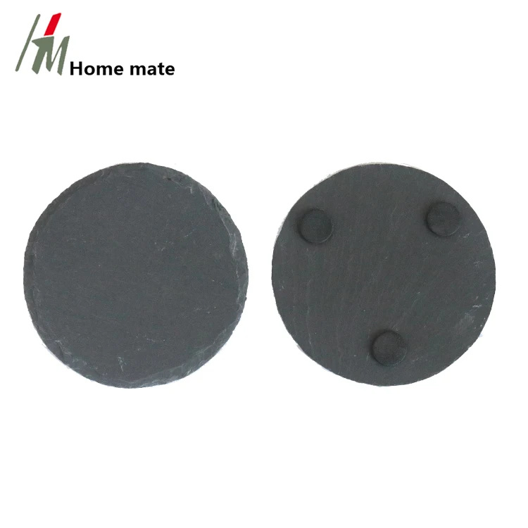 Set of 5 Round Black Natural Rough Edge Slate Stone Drink Coasters for Bar and Home