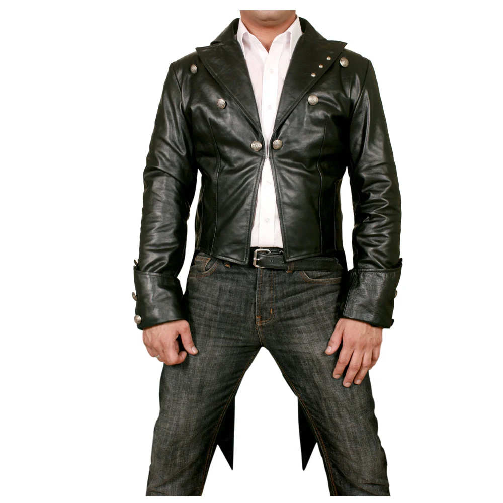 Men Real Leather Black Tailcoat Steampunk Jacket Dress Coat