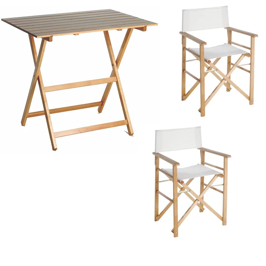 High quality Made in Italy Folding Set table cm 60x80 and 2 director-chairs in solid beech wood for indoor and outdoor use