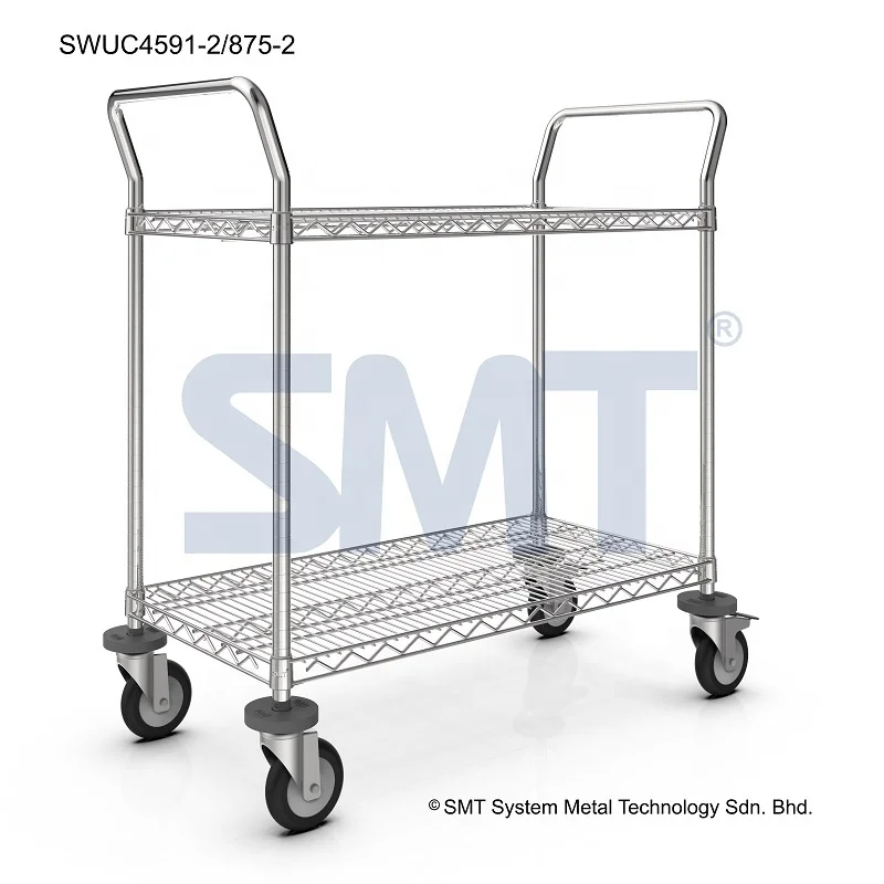 
Stainless Steel Grade 304 SMT Wire Utility Trolley Cart 2 Tiers Hospital and Cleanroom Use 