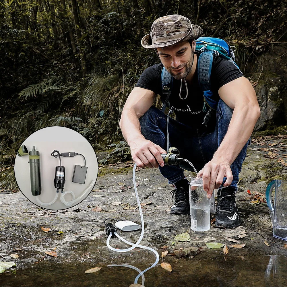 
portable water filter with pump for camping hiking virus removal 