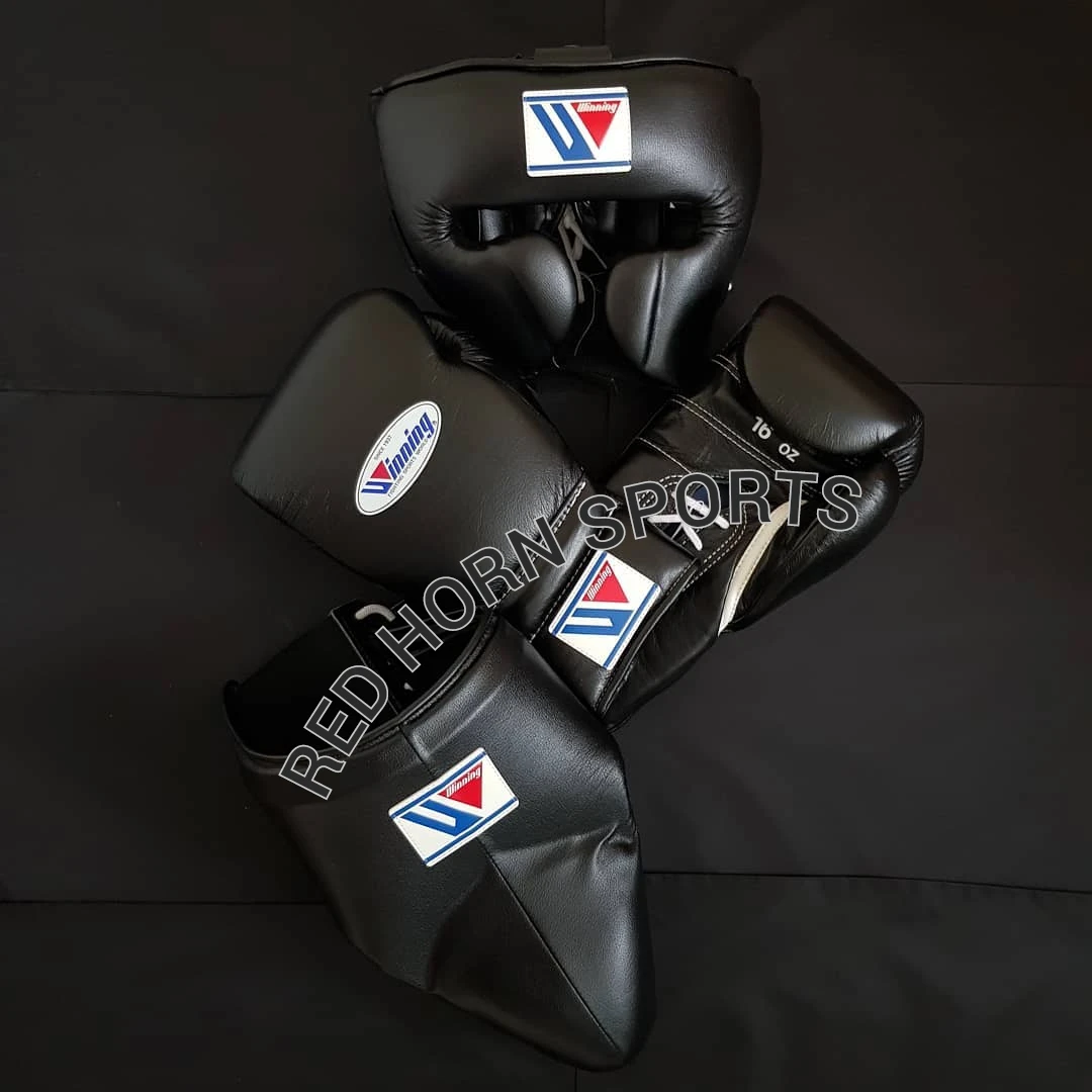 Winning 100% Original Leather Boxing gloves Head Guard and groin guard set, Custom Name and Logo boxing set