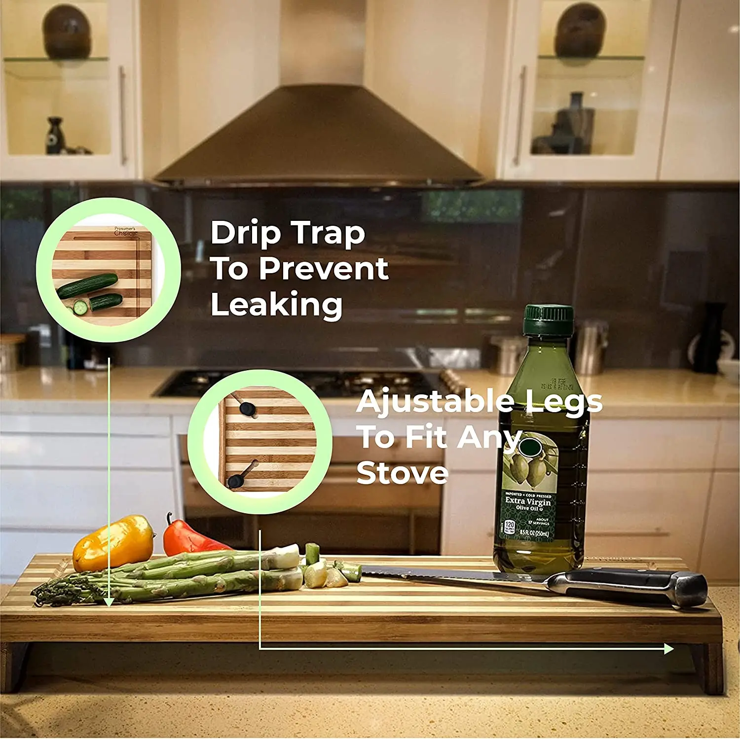 Stovetop Cover Bamboo Cutting Board, Expands Kitchen Space, with Adjustable Legs and Juice Grooves