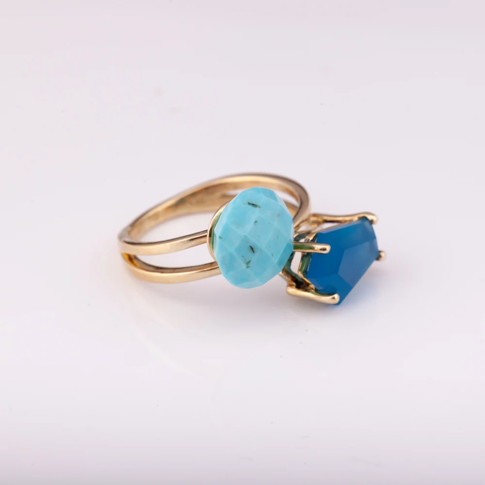 14K gold plated silver 925 ring with natural turquoise and lapis high quality factory price  from Thailand Manufacturer