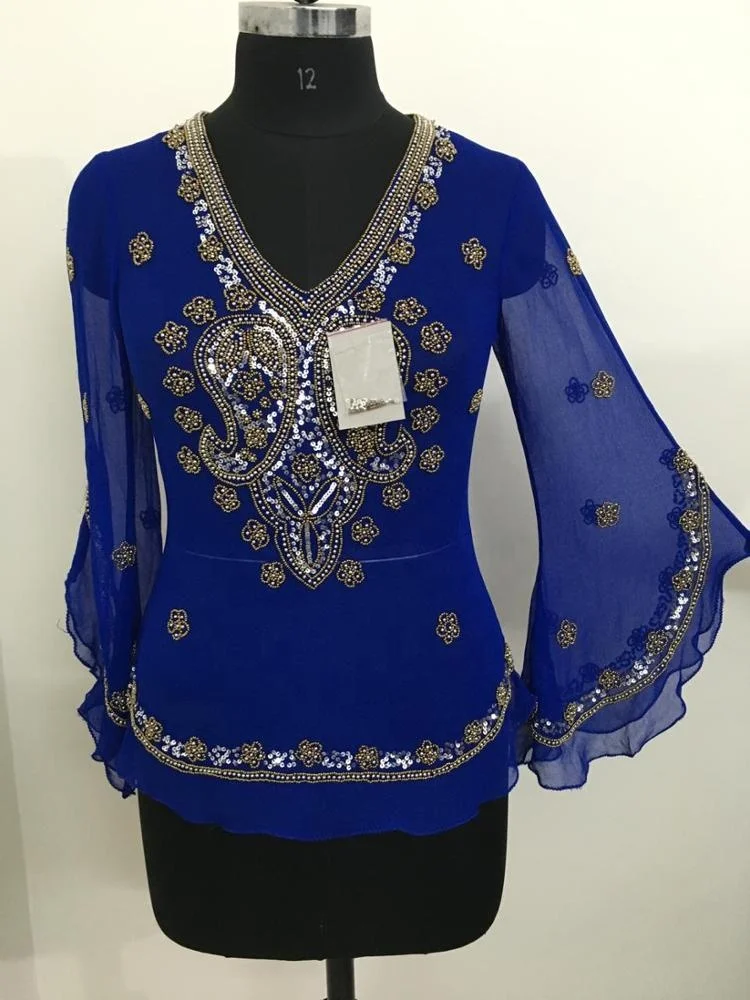 European Ladies Top Latest Best Design Blouses Fashion Tops Beaded Top Quality Heavy Hand Beaded Work High Street Sequin Summer