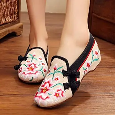 Джордж Jimmy в стиле старого Пекина; Модельная обувь на плоской подошве с вышитыми Cheongsam светлого цвета открытом воздухе; Туфли-лодочки для женщин