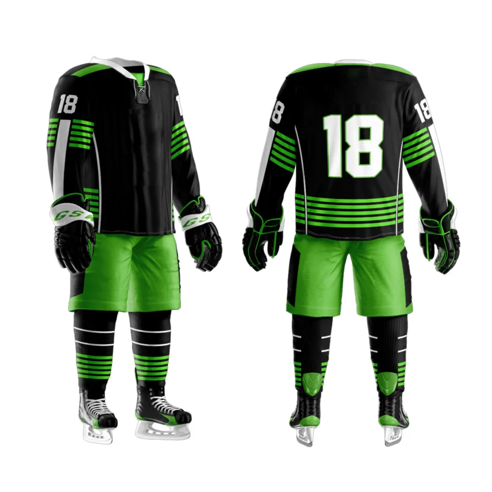 Custom Sublimation Ice Hockey Uniform / Wholesale Hockey Green Black Ice Hockey Uniforms Including Jersey Socks & Pant Shell