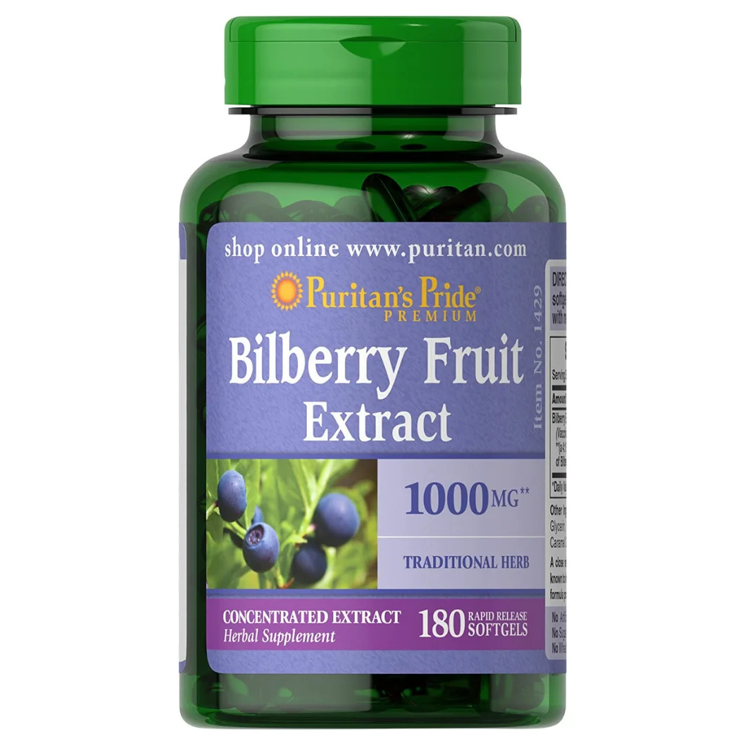 Wholesale Puritans Pride Bilberry 1000 mg180 Softgels Antioxidant Flavonoids USA Made International Supplements Distributor
