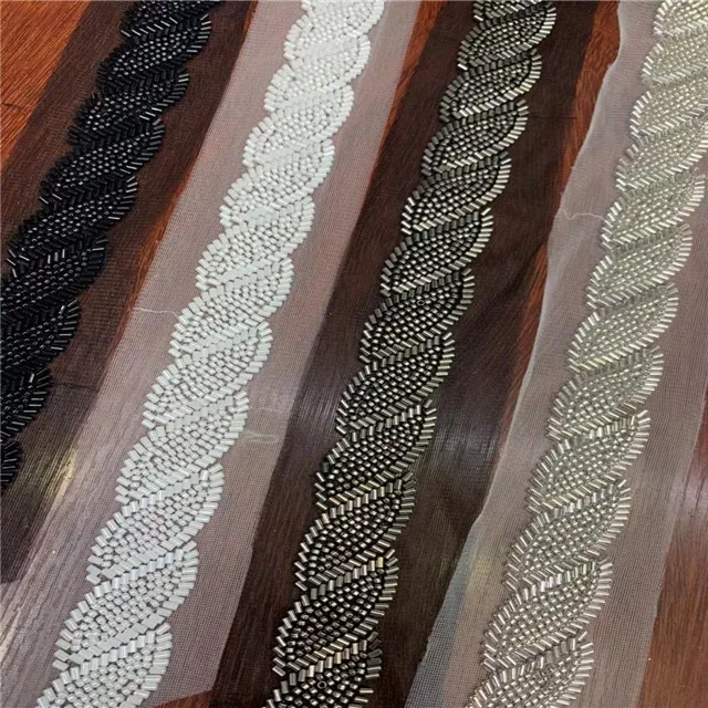 Exquisite garment dress bugle bead rhinestone lace tape trimming,handmade heavy beading lace ribbon tape