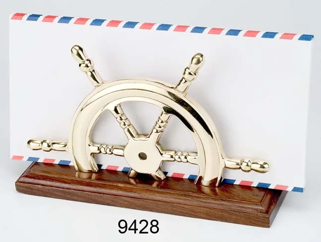 Custom Printed Brass Ship Wheel Card Holder Metal Table Top Nautical Decorative Gift Envelop on Wooden Base
