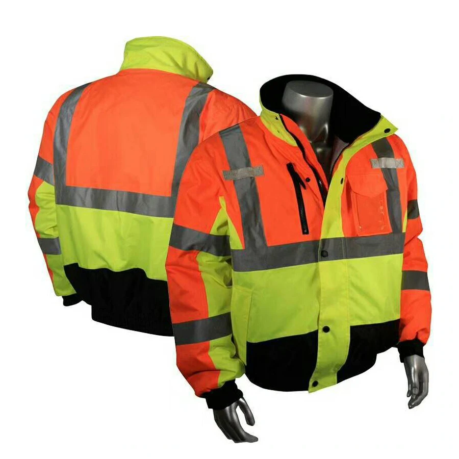 
Autumn Winter Workwear Clothing Reflective Working Clothes High Visibility Waterproof Zipper Bomber Jacket With Rip Stop Safety 