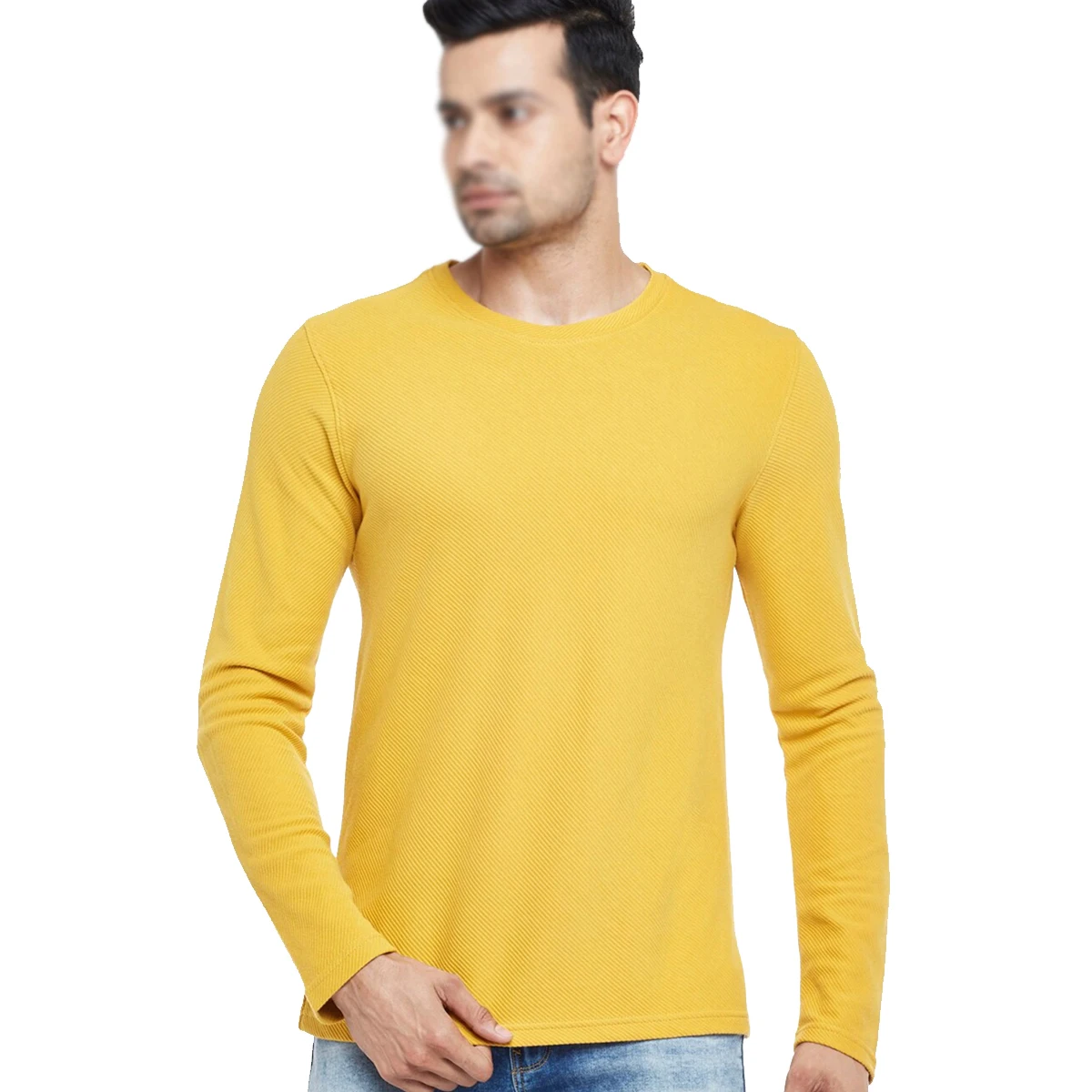 Yellow Drop-Shoulder Sleeves Slim Fit T-shirt Customized Round Neck 2022 Hot Selling Men Full Sleeves Shirts