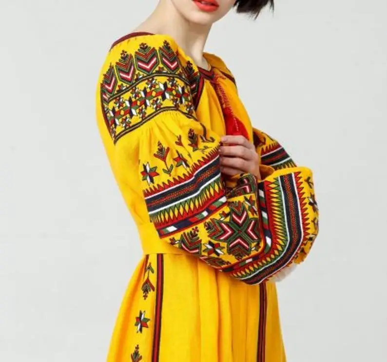 
Women Ukrainian Ethnic Vyshvanka Long Sleeve With Belt Linen Embroidered Dress 