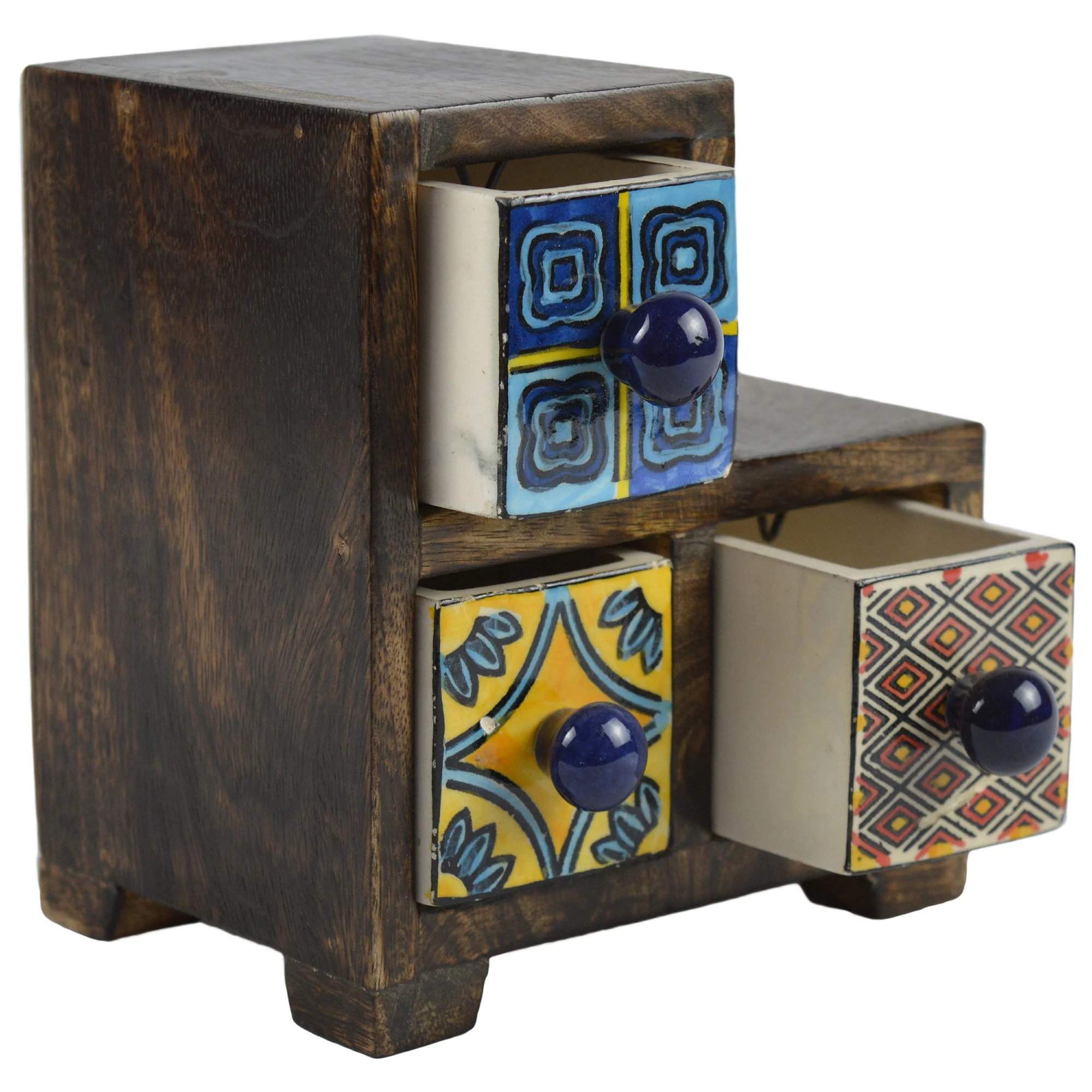 Colorful Wooden Rack With 6 Ceramic Drawer Spice Rack Apothecary Spice Box Colored Mango Wood Chest Ceramic Storage Jewelry Box