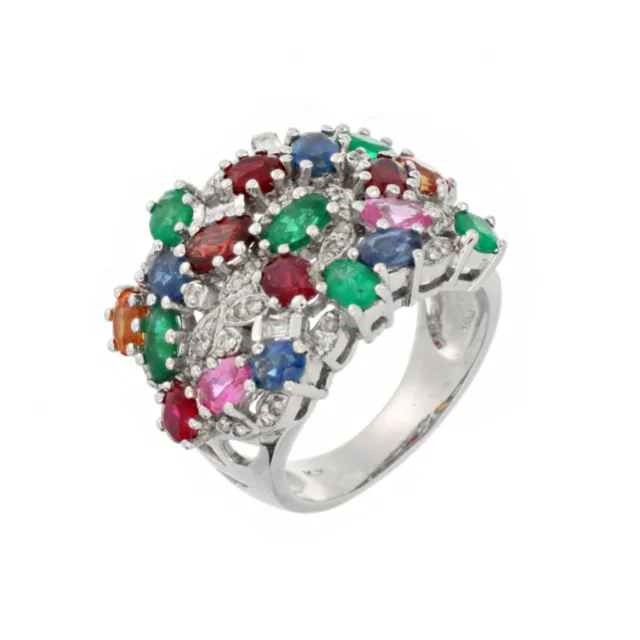 High Quality Russian Artistic Band Ring With Mixed Color Gems Diamonds Shappires Style Fine Jewelry