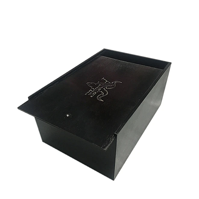 Shining Black Plywood Gift Packaging Luxury Black Box with Sliding Lid and Burnt Logo Custom Wooden Product Packaging Box Case