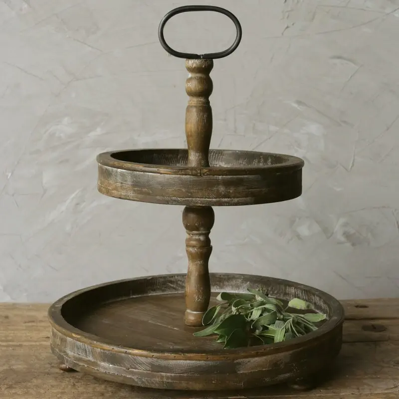 
Rustic Vintage Kitchen Farmhouse Distressed 2 Tier Round Wooden Storage Tray 
