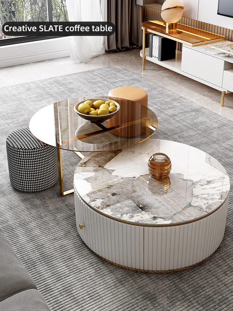 Hotel tea table basse storage Living Room Furniture Round Modern white sintered stone Luxury gold marble Glass Coffee Table