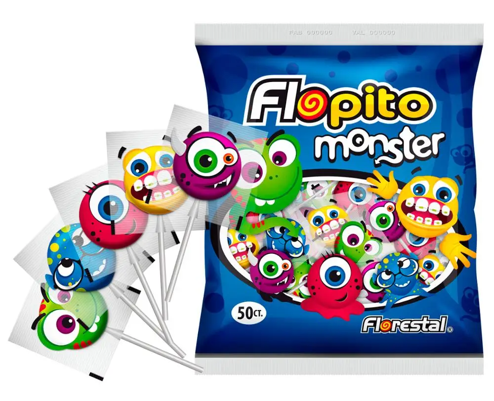 1356 - Flopito Monster Strawberry, Grape, Orange and Lemon Flat Lollipop 8g, 7g, 6g x 50un