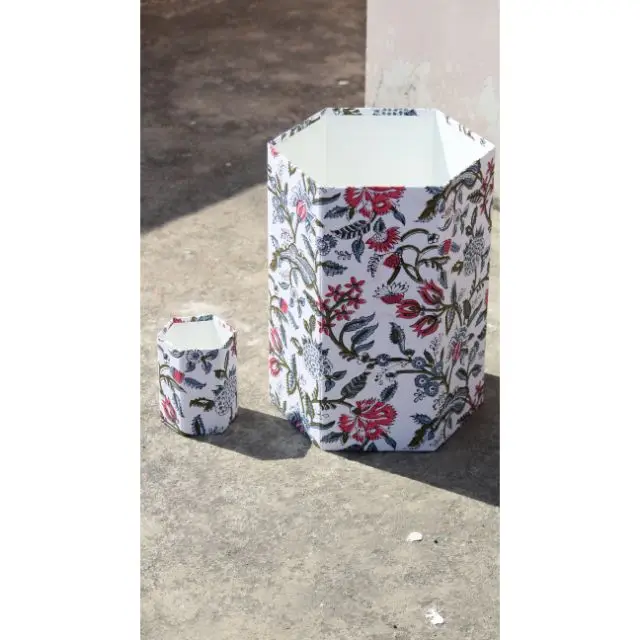 Handmade 5L Card Board Dust Bin Flower Printed Decorative Waste Bin for Study Room with Lid for Recycling