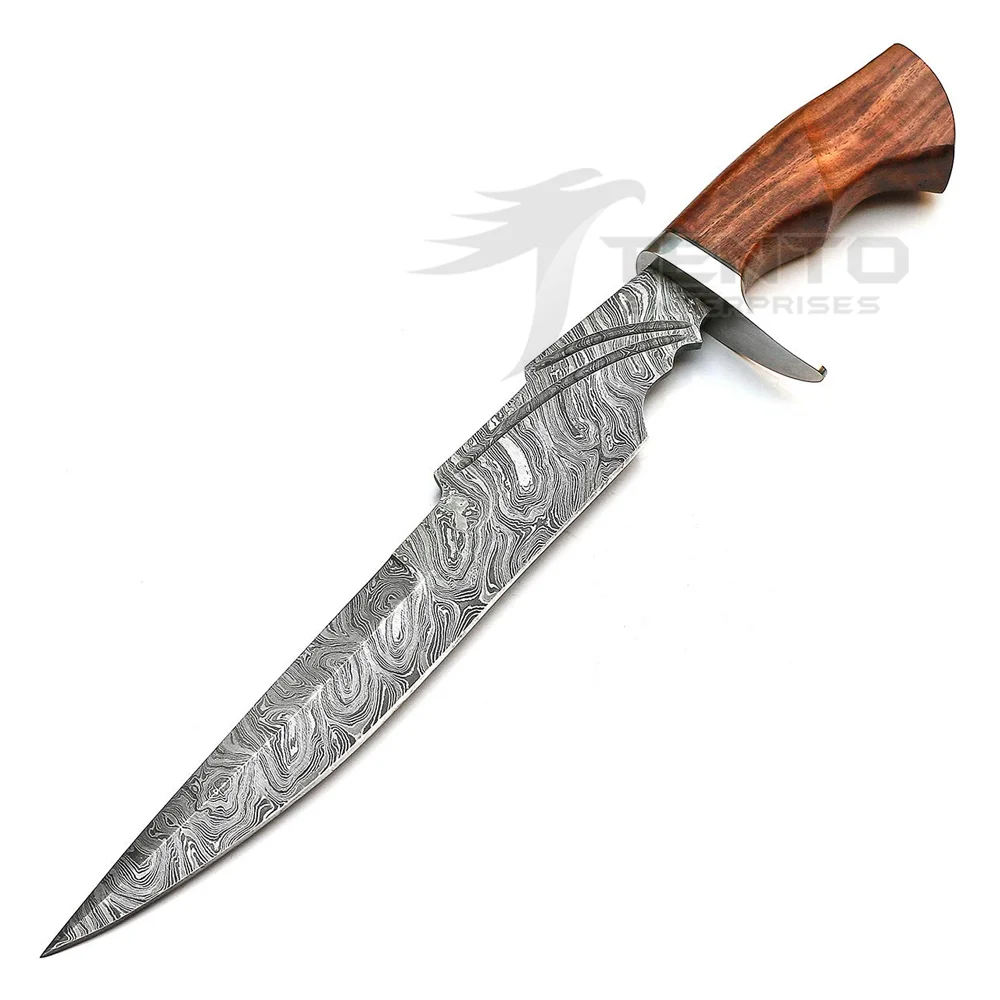 
High Quality Damascus Steel Wooden Handle Hunting Bowie Knife 