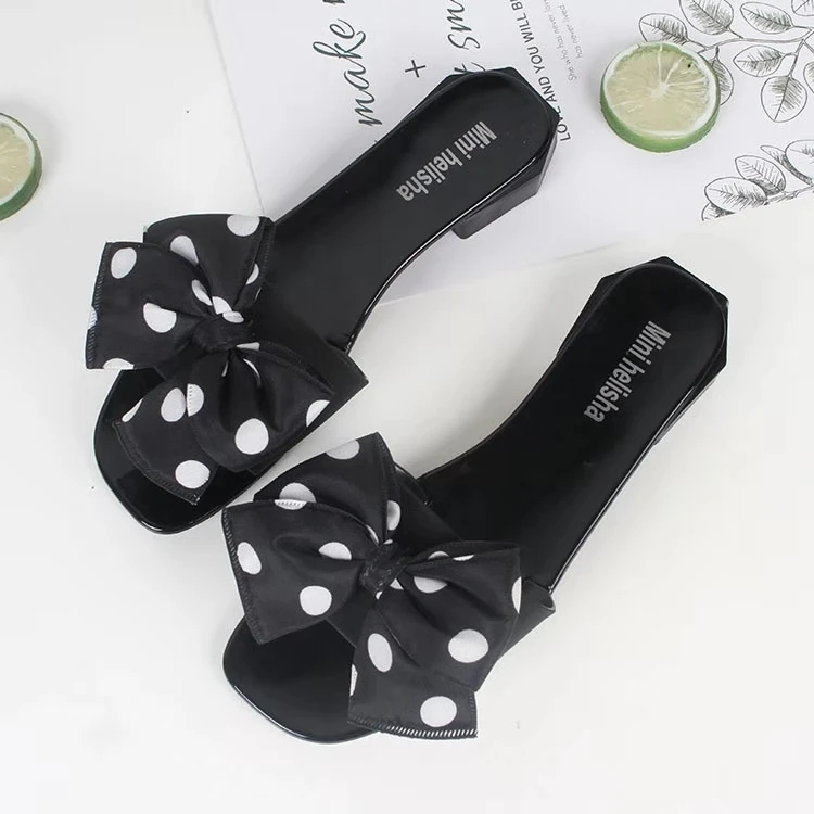 2020 hottest women polka dot bow flat slides with soft square heel