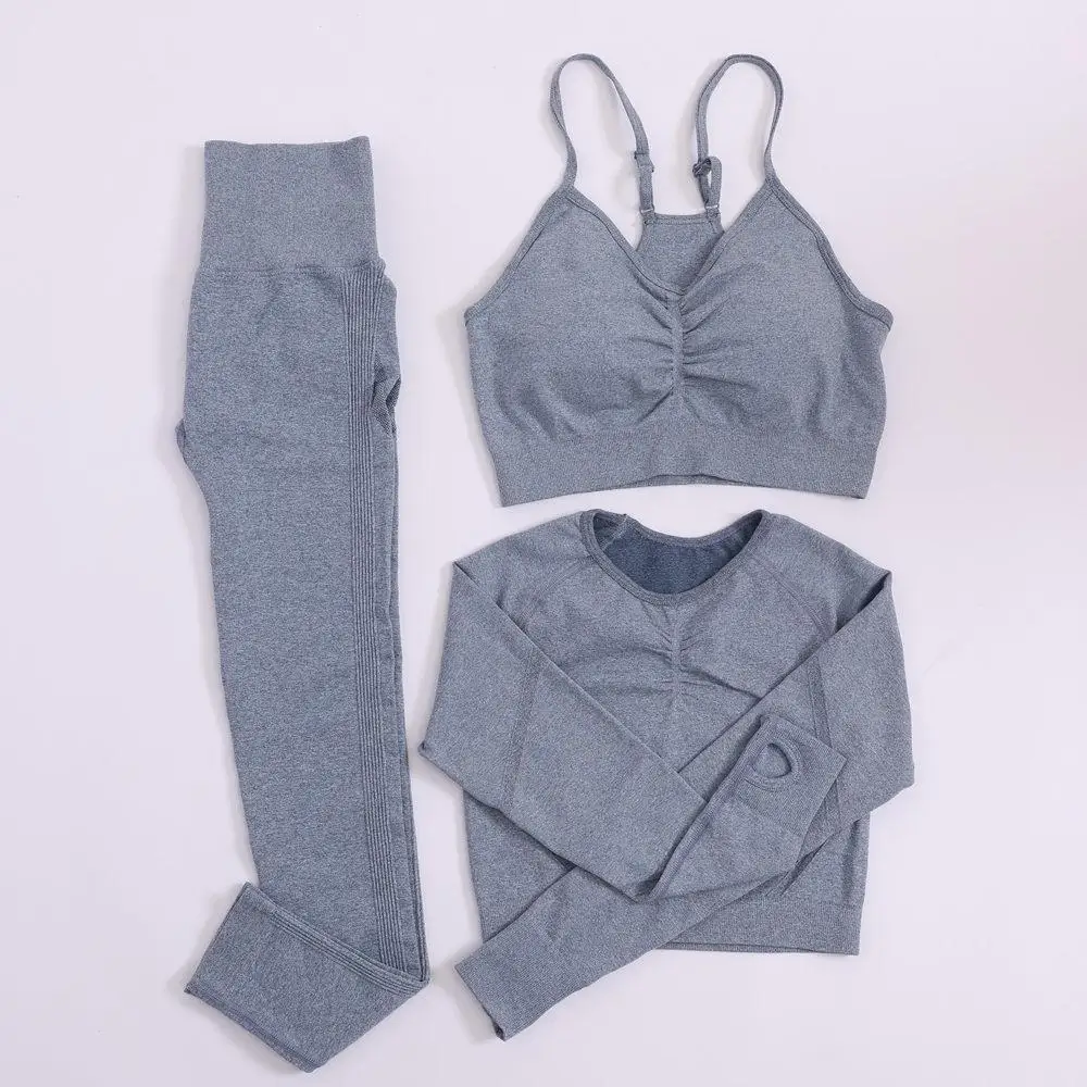 Wholesale High Quality Women 3 Piece Crop Top Sports Bra Leggings Workout Clothing 3 Piece Seamless Yoga Set