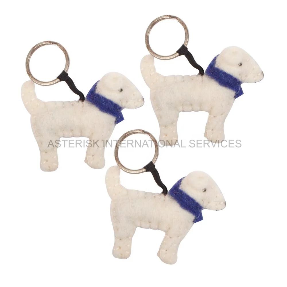 Handmade 100% Wool Eco-friendly Dog Keyring White Felt Pet Accessory with Metal Hobby Craft Gift for Dog Lovers