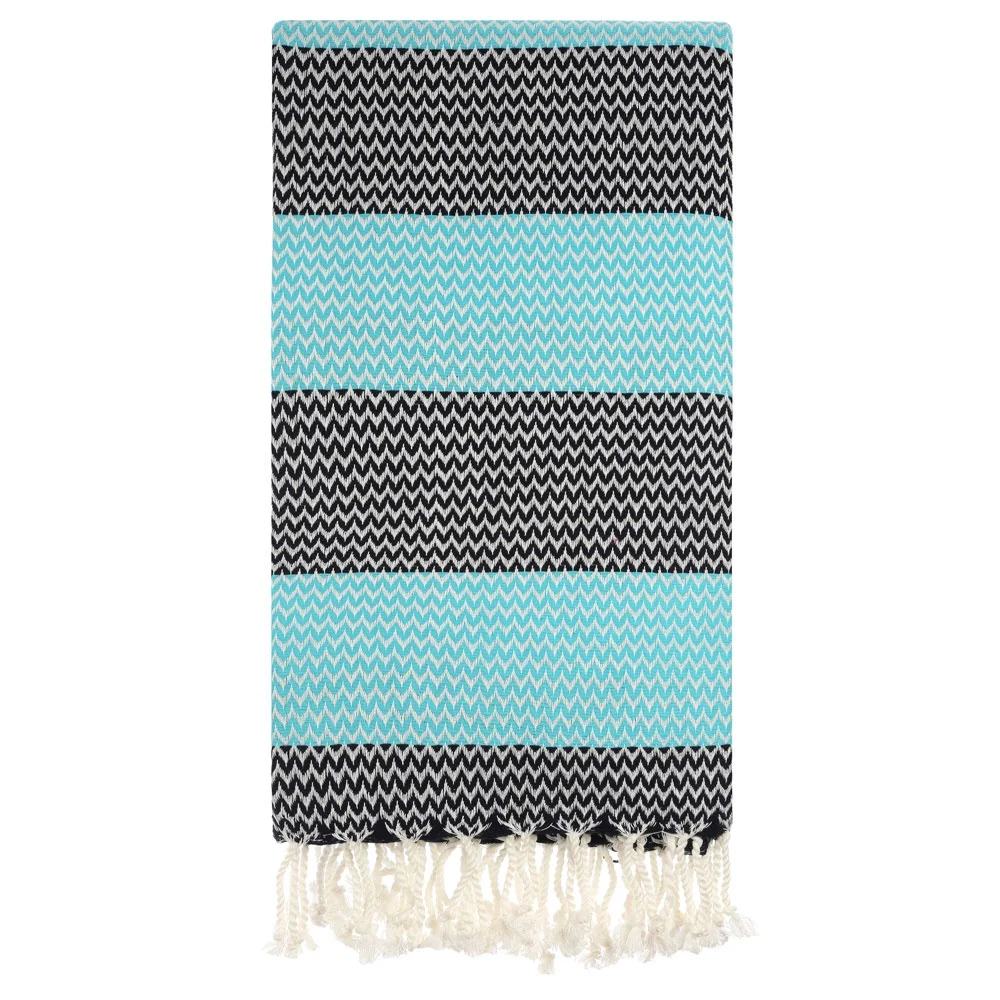 High-Quality Turkish Peshtemal with Thin Terry Cloth and Wave and Zig Zag Symbols Patterned Two Colored Beach Towel %100 Cotton