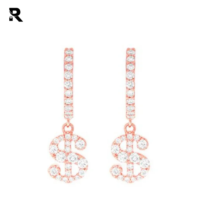 14K Gold Dangling Dollar Sign Huggie Hoop Earrings With Round Shape Diamond At Whole Sale Price
